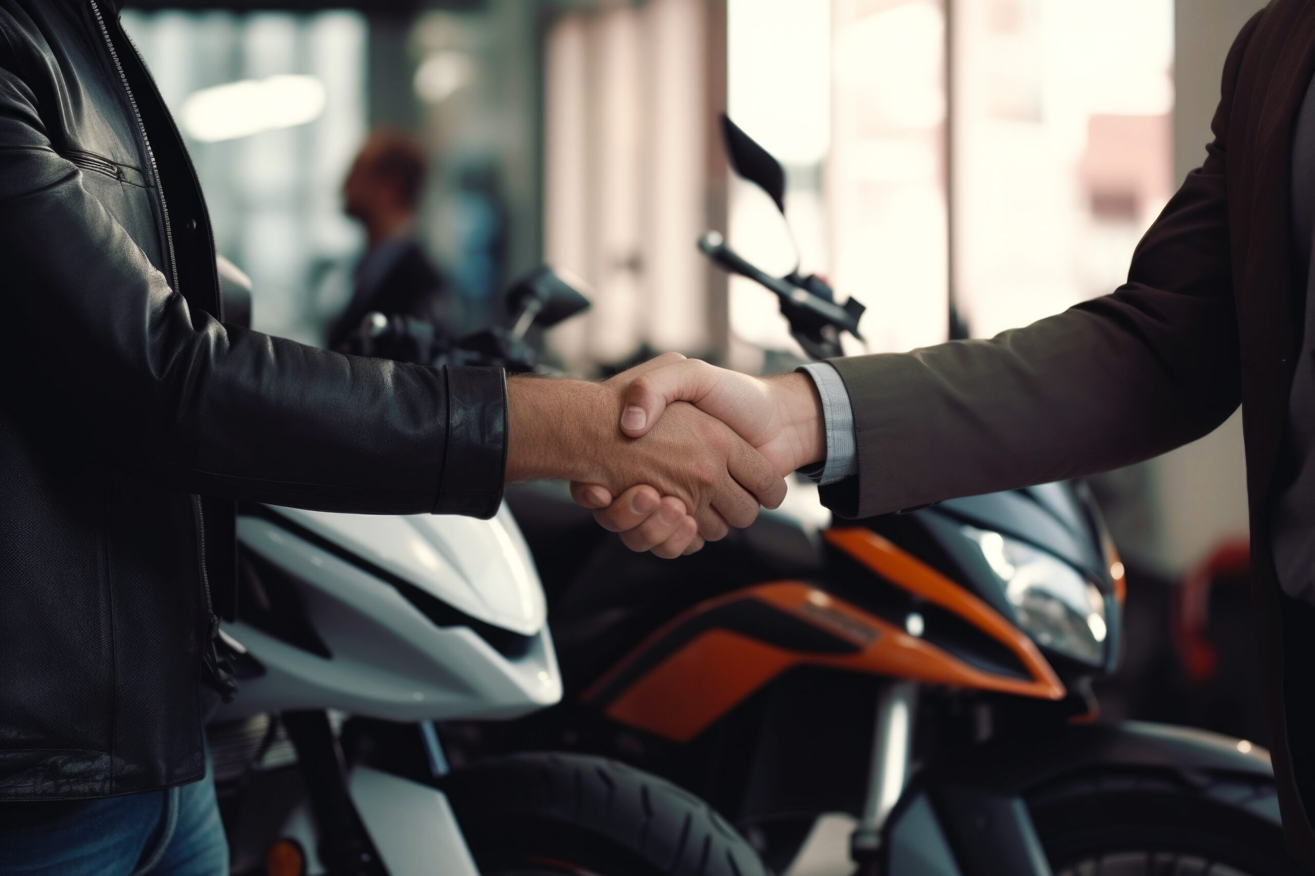 Happy customer shaking hands with sales agent after a successful motorcycle buying